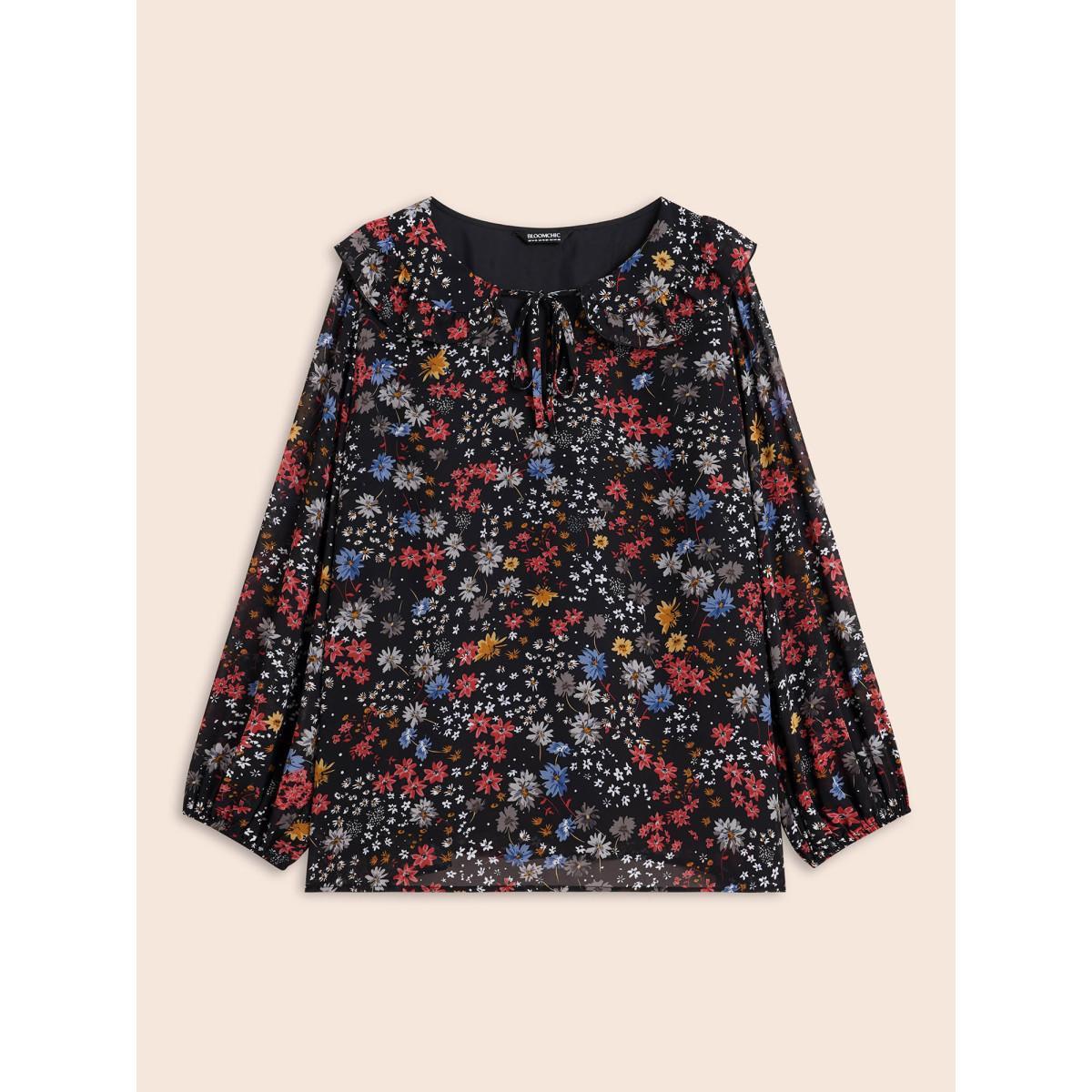 Plus Size Black Chiffon Floral Tie Knot Ruffle Trim Blouse Women Elegant Long Sleeve V-neck Everyday Blouses BloomChic 28/5X Product Image