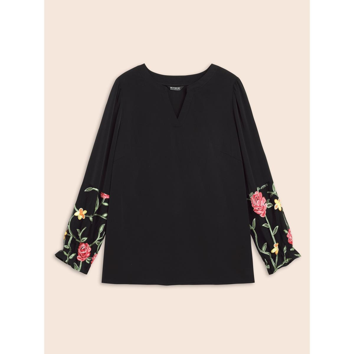 Plus Size Black Mesh Floral Embroidered Sleeve Blouse Women Elegant Long Sleeve Notched collar Everyday Blouses BloomChic 14-16/1X Product Image