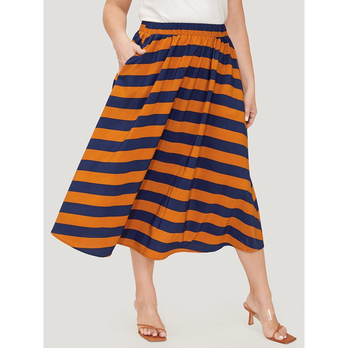 Plus Size Striped Print Ruffle Hem Pocket Skirt Women Multicolor Office Contrast Low stretch Pocket Work Skirts BloomChic 18-20/2X Product Image