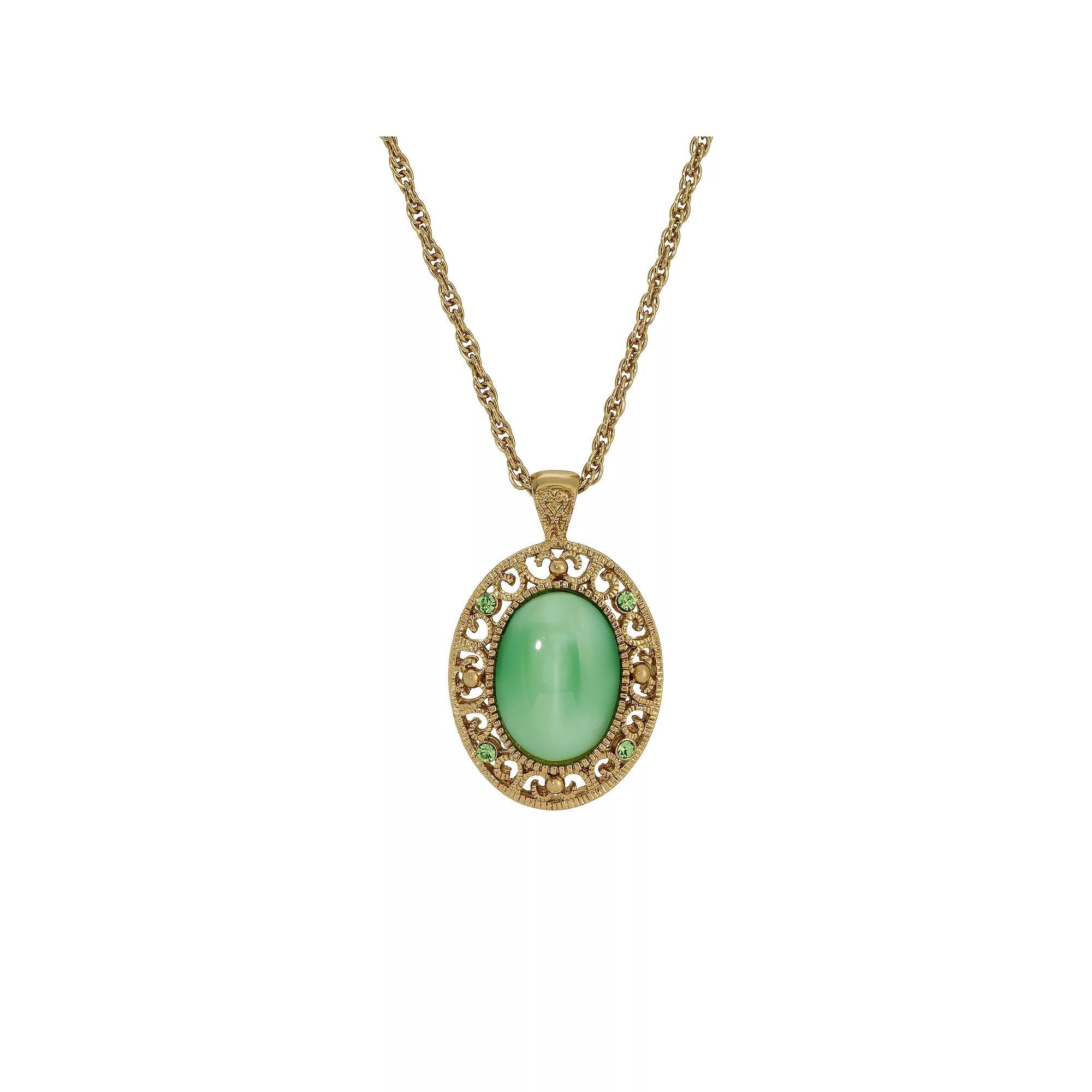 1928 Gold Tone Green Crystal Oval Pendant Necklace, Womens Product Image