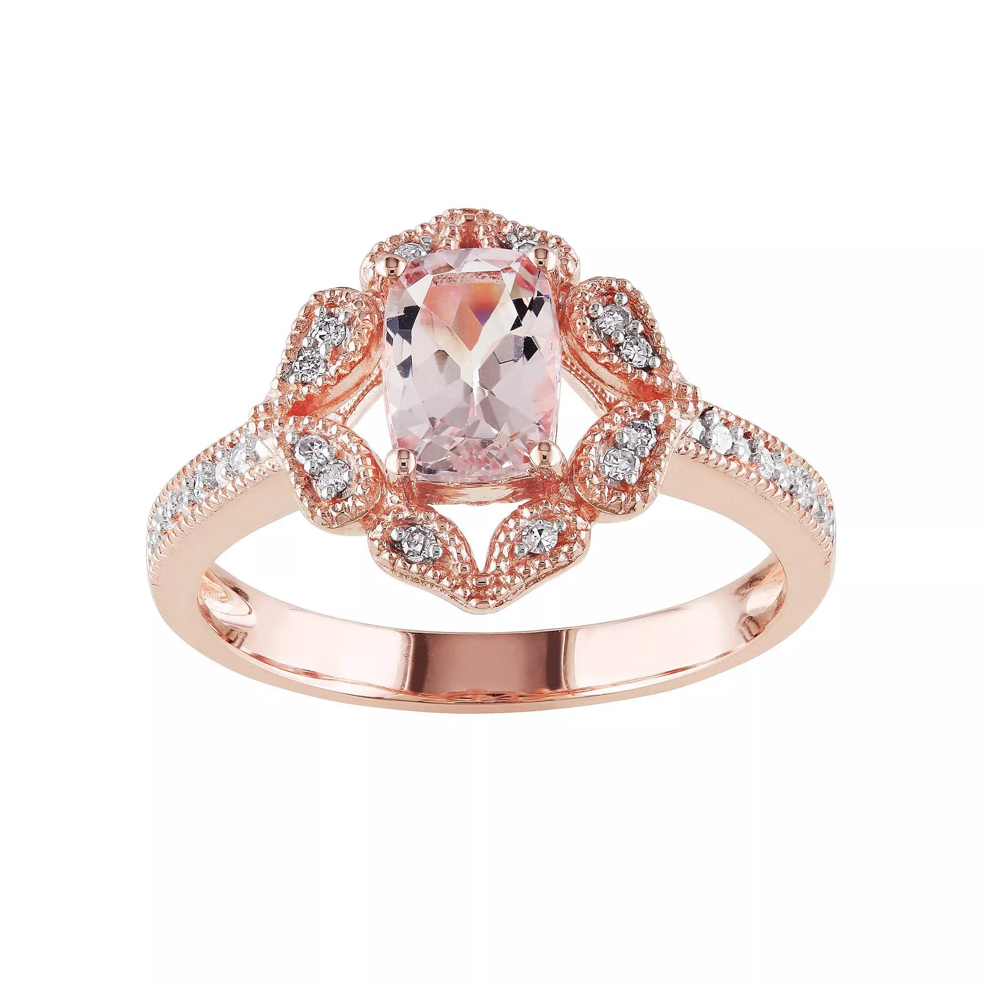 Stella Grace 10k Rose Gold Morganite & 1/10 Carat T.W. Diamond Floral Halo Ring, Women's, Size: 7 Product Image