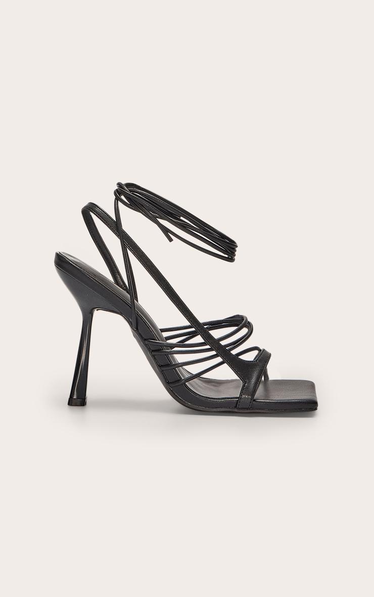 Black Pu Square Toe Asymmetric Strappy Lace Up High Heel Sandals Product Image
