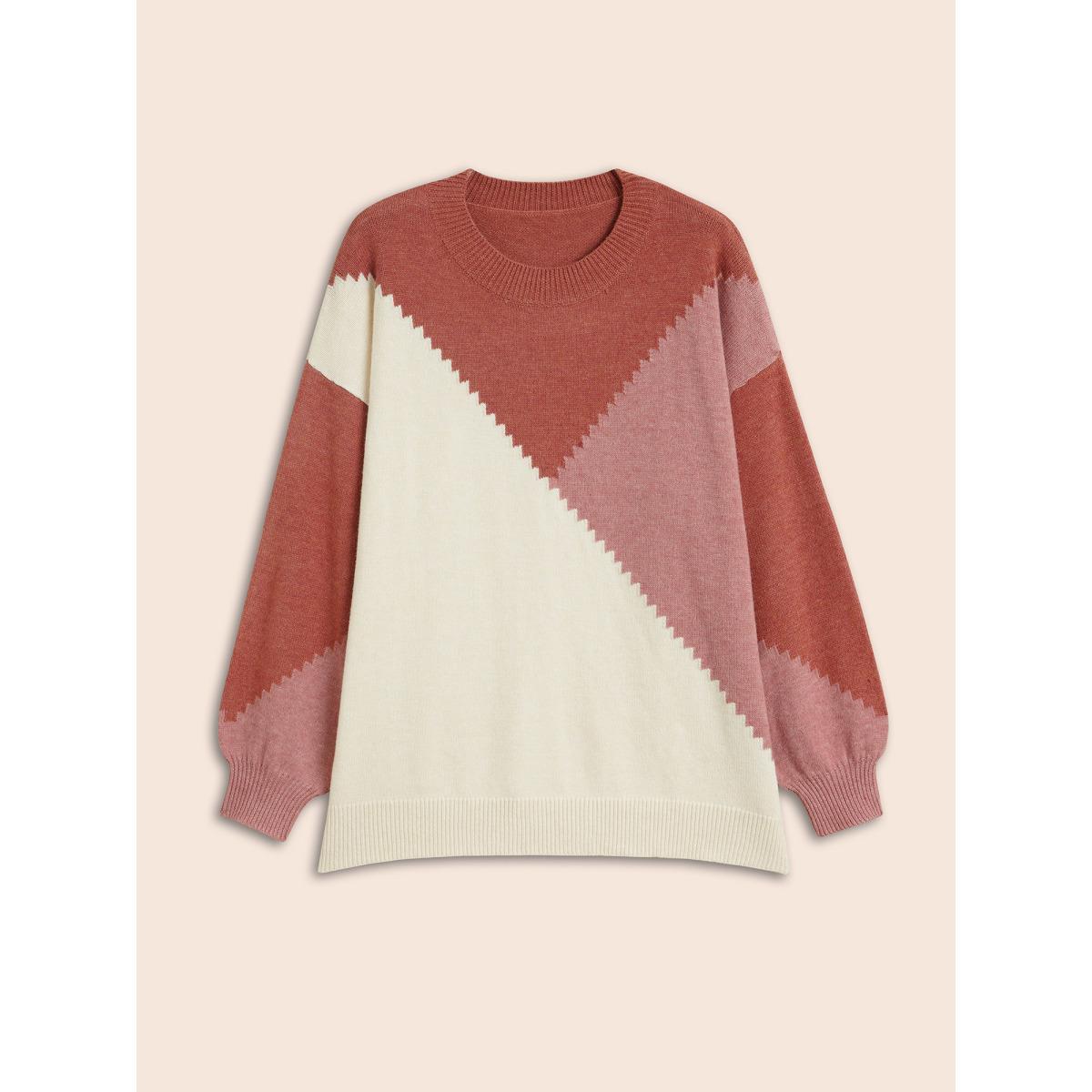 Plus Size Colorblock Contrast Round Neck Pullover DustyPink Women Casual Long Sleeve Round Neck Everyday Pullovers BloomChic 14-16/1X Product Image