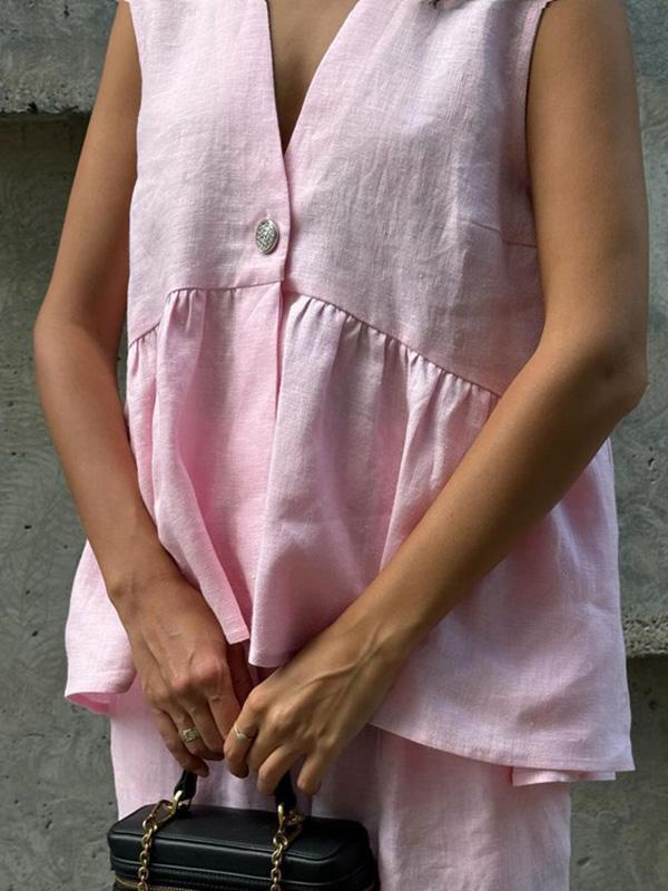 Loose Split-Joint Sleeveless Pleated V-Neck Vest + Pants Trousers Two Pieces Set Product Image