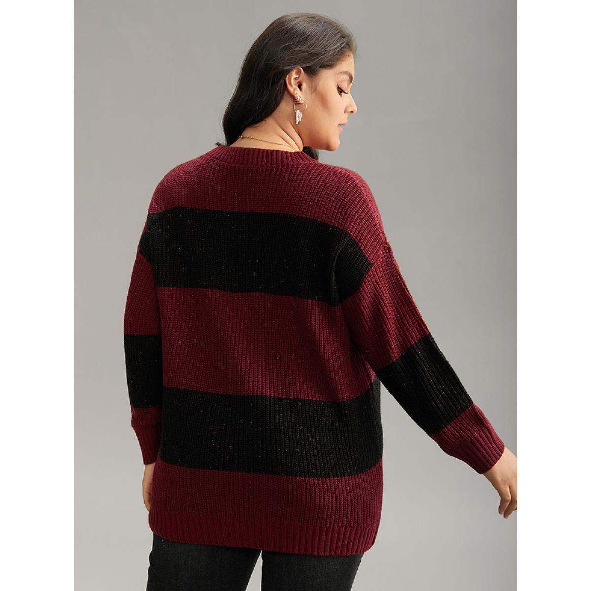 Plus Size Sparkly Two Tone Colorblock Pullover Scarlet Women Casual Loose Long Sleeve Round Neck Dailywear Pullovers BloomChic 26/4X Product Image
