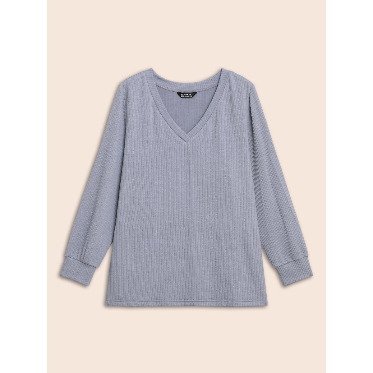 Plus Size Plain Textured Split Hem T-shirt Mediumgray Women Casual Texture V-neck Everyday T-shirts BloomChic 28/5X Product Image