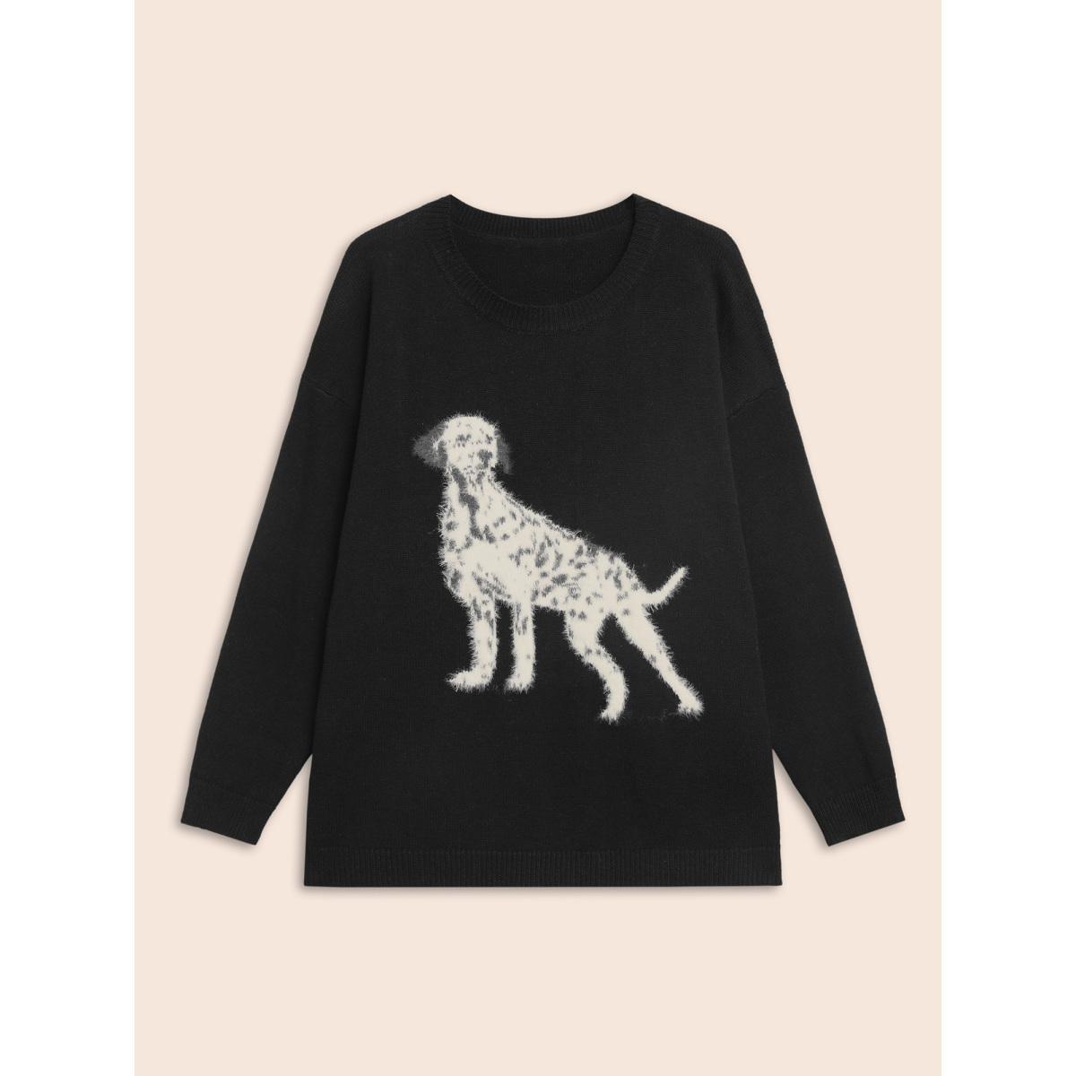 Plus Size Dog Jacquard Fluffy Drop Shoulder Pullover Black Women Casual Long Sleeve Round Neck Everyday Pullovers BloomChic 28/5X Product Image