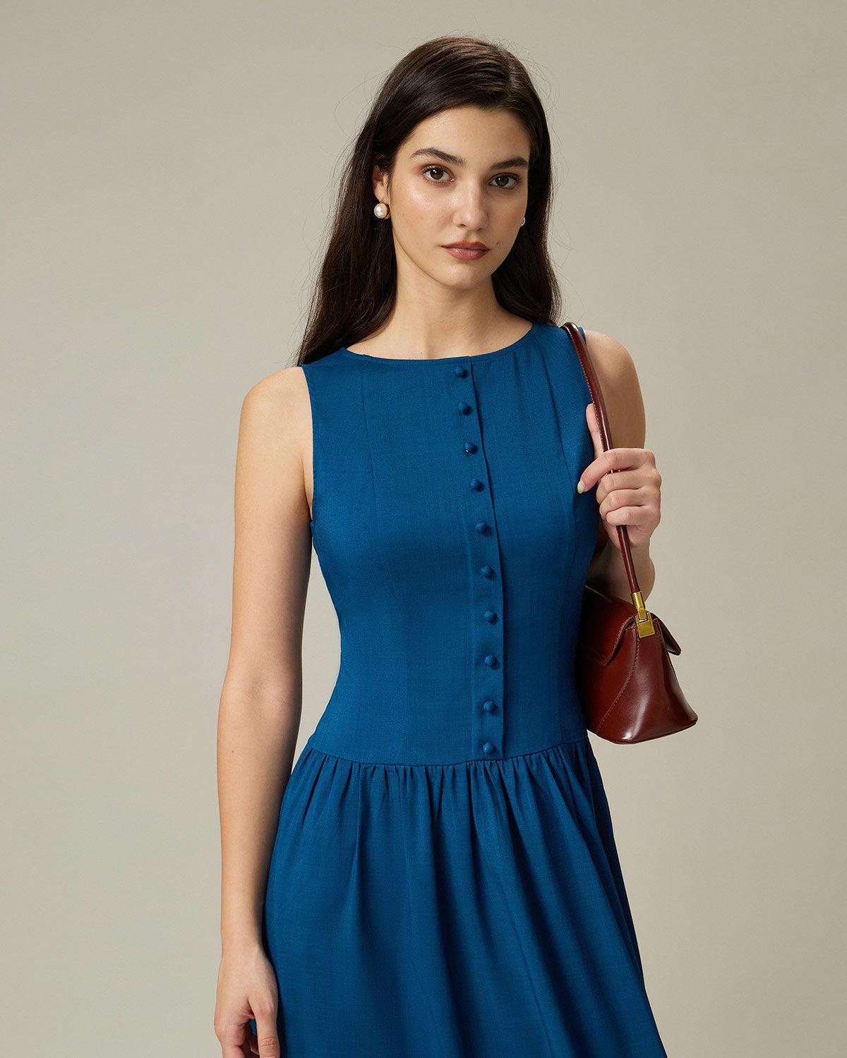 Blue Boat Neck Button Pocket Midi Dress Product Image