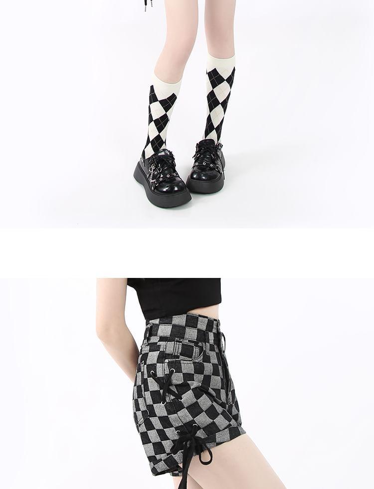 High Waist Checkerboard Lace-Up Denim Wide Leg Shorts Product Image