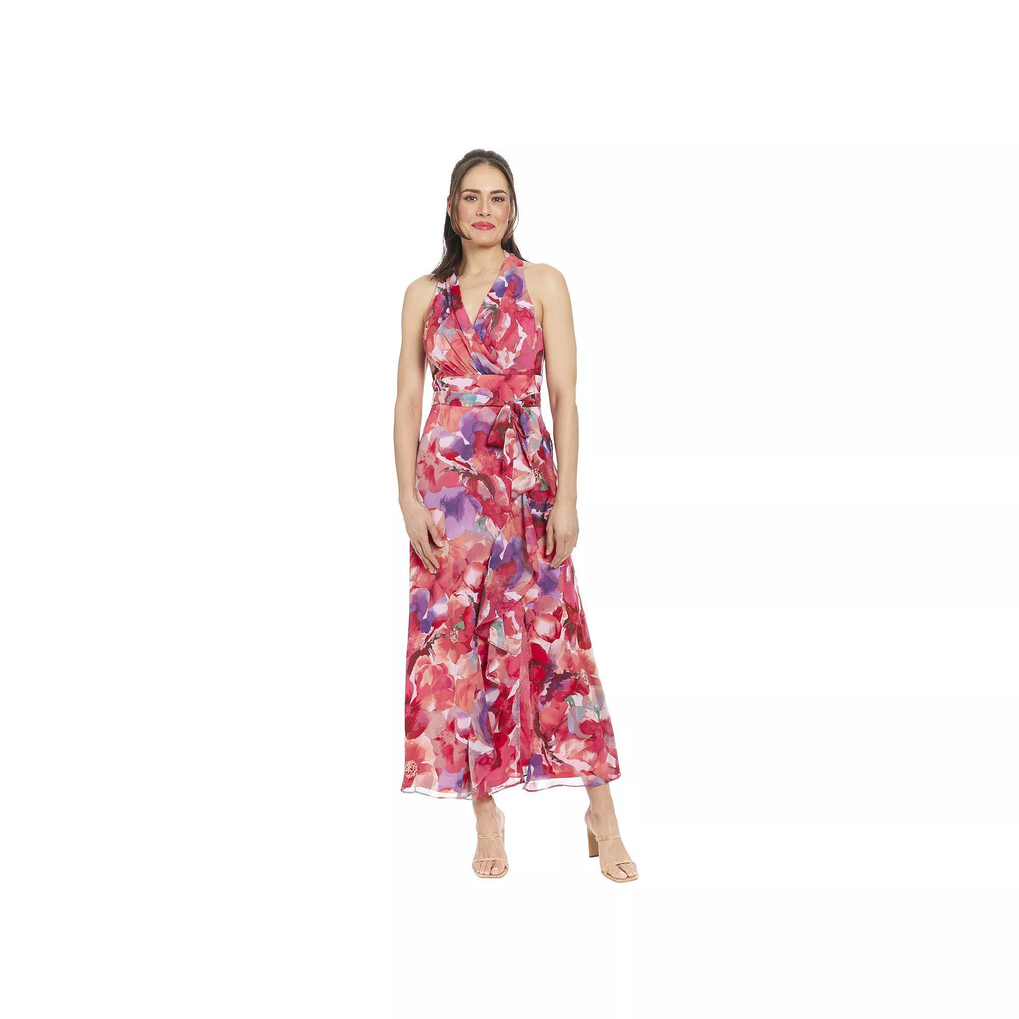 Womens London Times Floral Watercolor Halter Neck Ruffly Slit Hem Maxi Dress Product Image