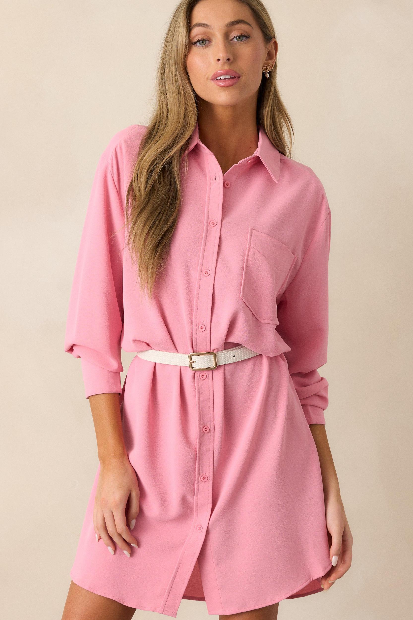 Finding Comfort Pink Button Front Mini Shirt Dress Product Image
