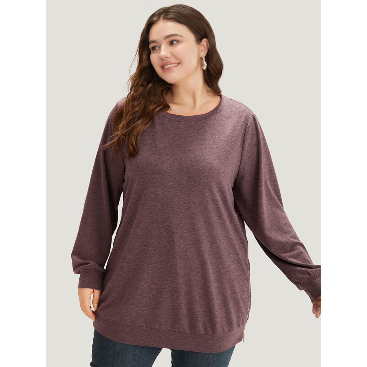 Plus Size Plain Zipper Round Neck Elastic Cuffs Sweatshirt Women Mauve Casual Elastic cuffs Round Neck Dailywear Sweatshirts BloomChic 10/M Product Image