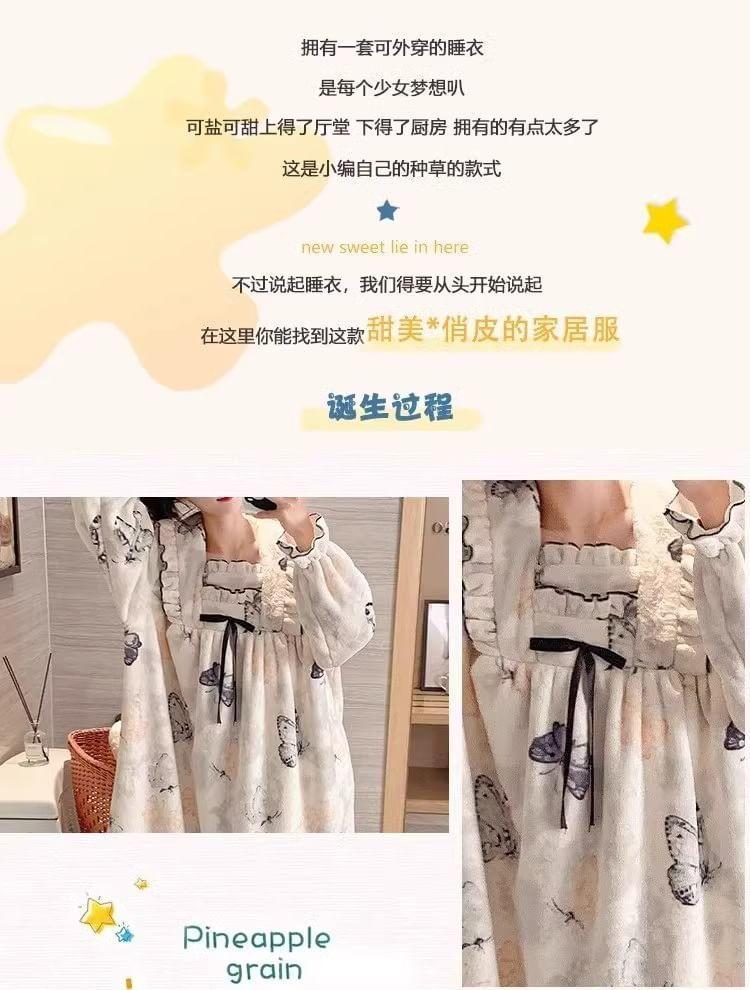 Long Sleeve  Square Neck Patterned Bow Ruffle Coral Fleece Pajama Dress Product Image
