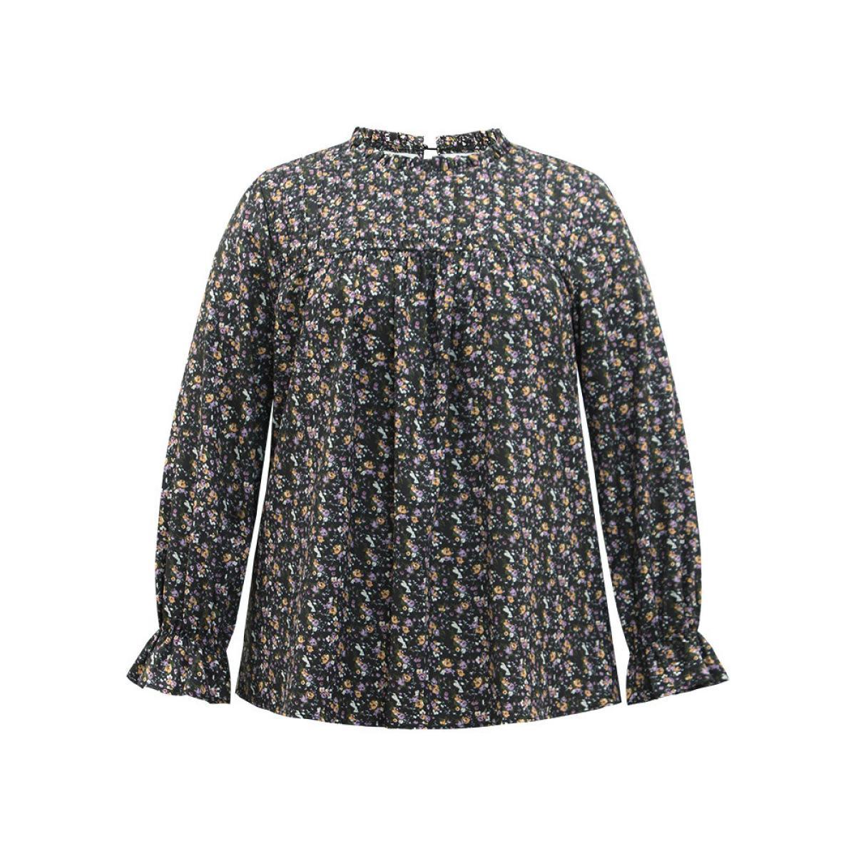 Plus Size Black Ditsy Floral Stand Collar Pleated Blouse Women Elegant Long Sleeve Stand-up collar Dailywear Blouses BloomChic 12/L Product Image