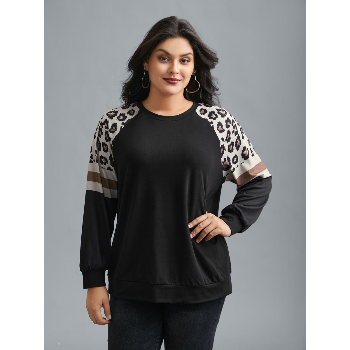 Plus Size Round Neck Stretchy Leopard Sleeve Sweatshirt Women Black Casual Contrast Round Neck Everyday Sweatshirts BloomChic 30/6X Product Image