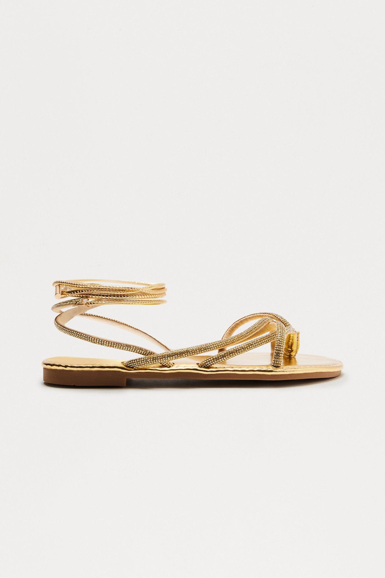 Sidney Rhinestone Wrap Up Sandals - Gold Product Image