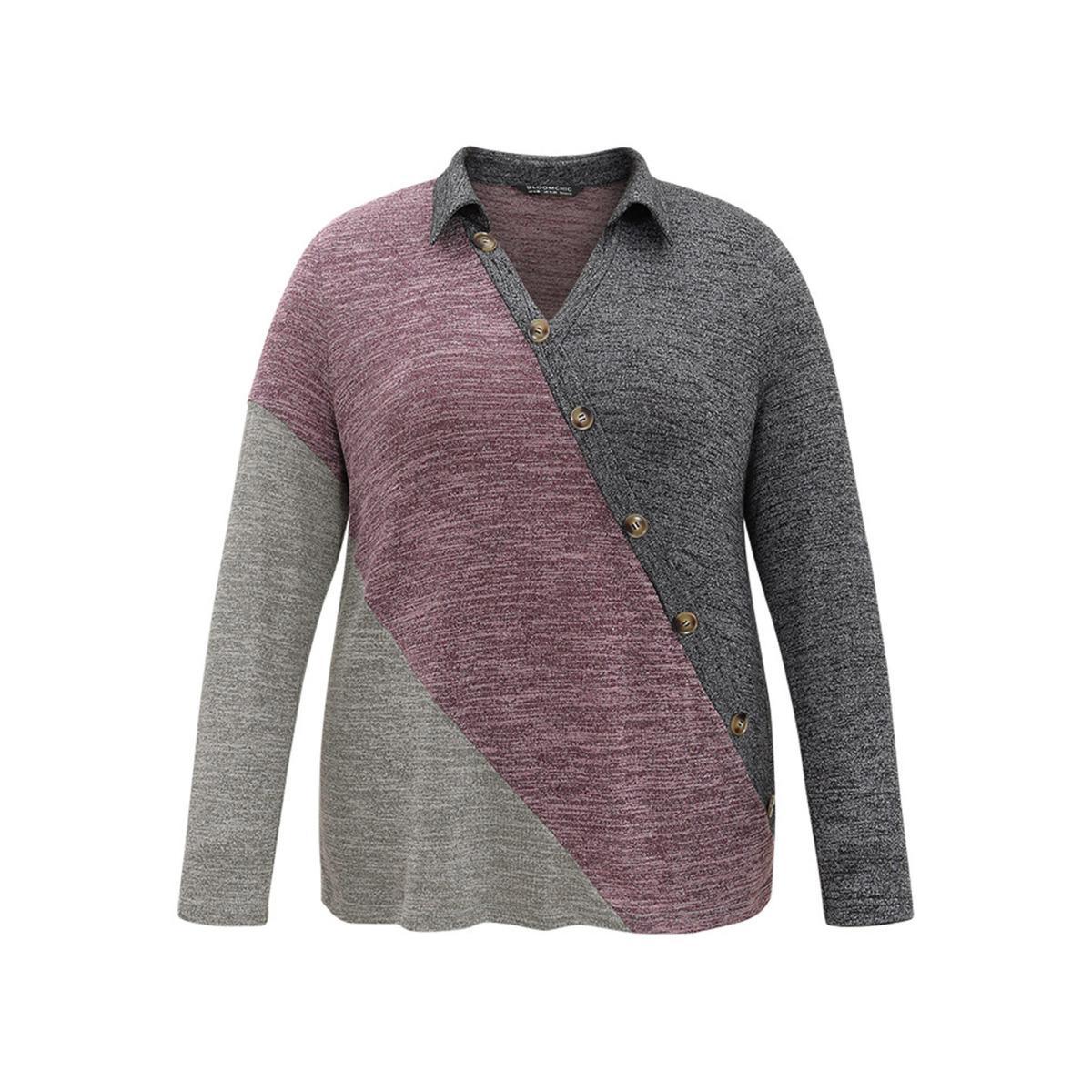 Plus Size Contrast Heather V Neck Button Detail T-shirt Multicolor Women Elegant Heather Plain V-neck Dailywear T-shirts BloomChic 26/4X Product Image