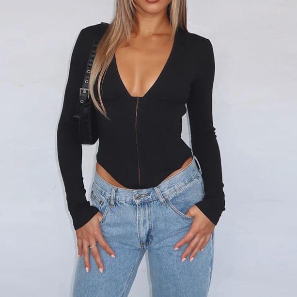 Long Sleeve V-Neck Plain Panel Hook And Eye Top Product Image