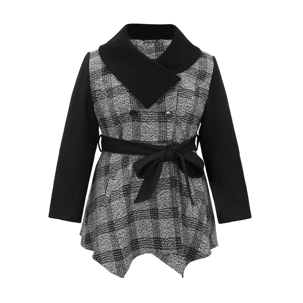 Plus Size Plaid Belted Lapel Collar Button Up Coat Women Black Casual Belted Ladies Dailywear Winter Coats BloomChic 10/M Product Image