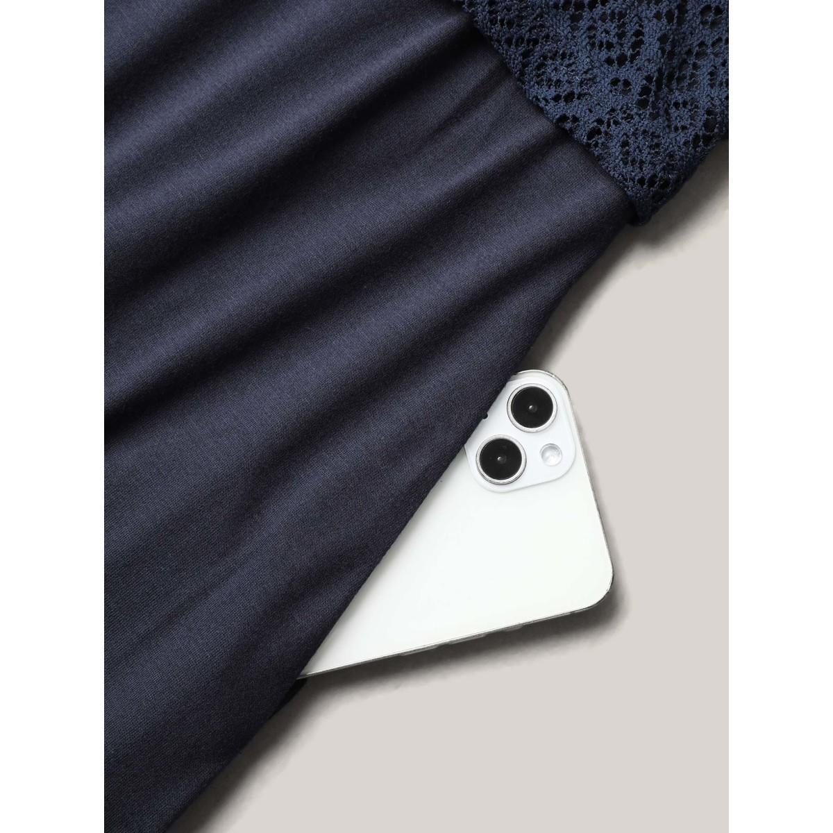 Plus Size 2-in-1 Spliced Button-Front Midi Dress DarkBlue Women Casual Woven ribbon&lace trim Round Neck Short sleeve Curvy BloomChic 18-20/2X Product Image