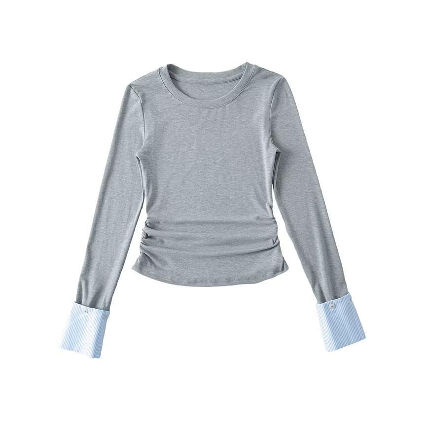 Long-Sleeve Crew Neck Plaid Panel Ruched Slim Fit Tee Product Image