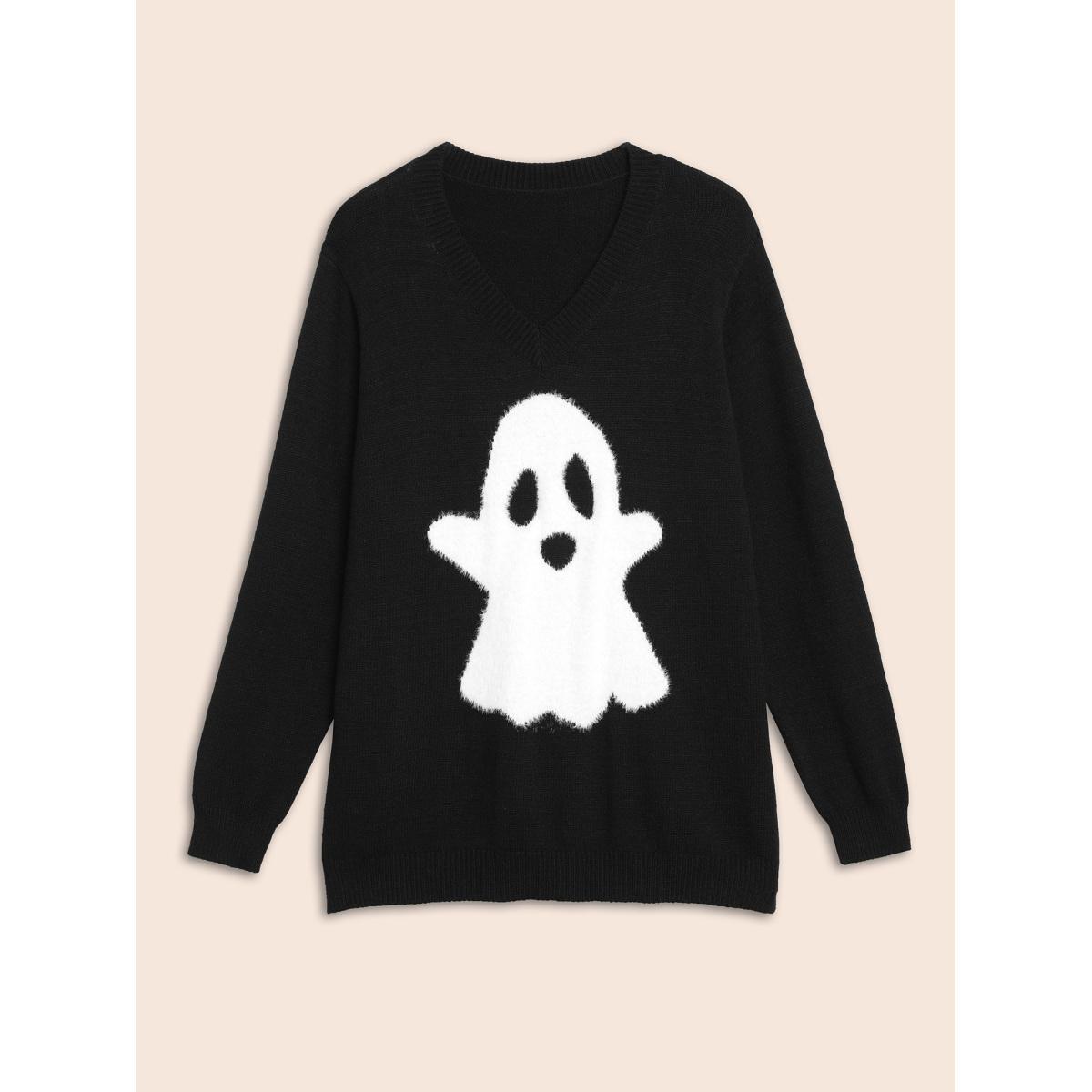 Plus Size Mink Touch Ghost Printed Pullover Black Women Casual Long Sleeve V-neck Everyday Pullovers BloomChic 28/5X Product Image