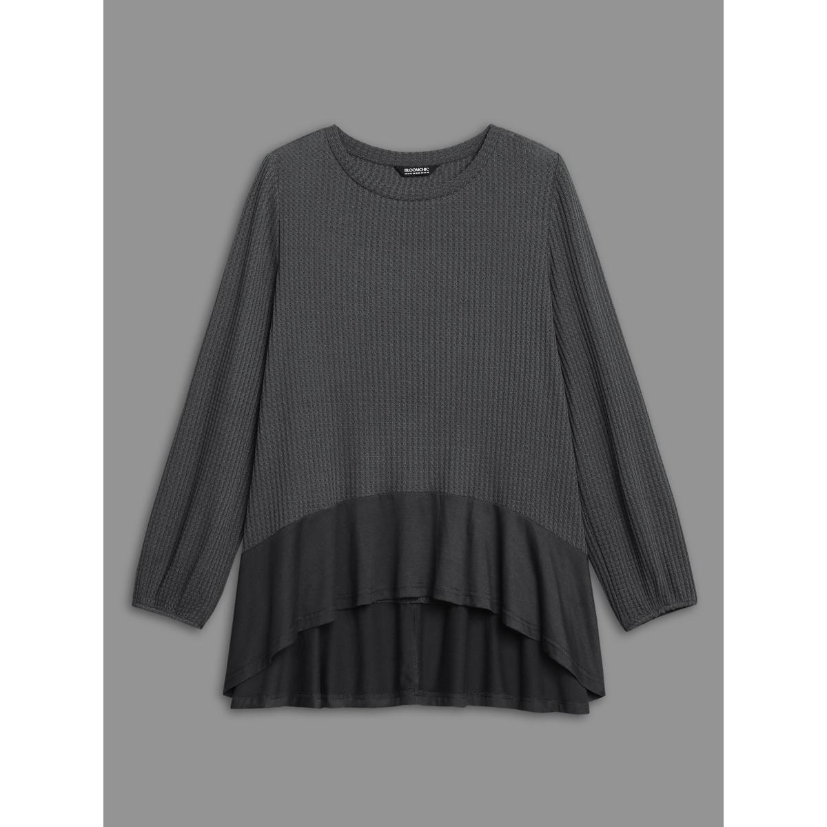 Plus Size Waffle Knit Patchwork High Low Hem T-shirt DimGray Women Casual Texture Round Neck Loose Everyday T-shirts BloomChic 10/M Product Image