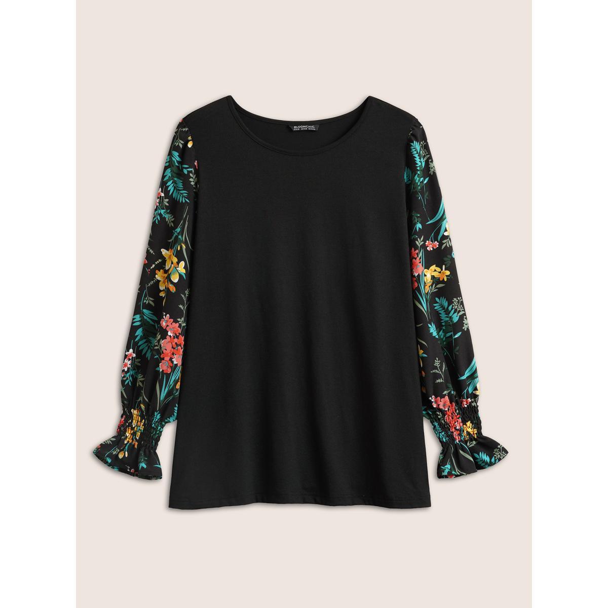 Plus Size Floral Patchwork Shirred Round Neck T-shirt Black Women Elegant Patchwork Floral Round Neck Everyday T-shirts BloomChic 30/6X Product Image
