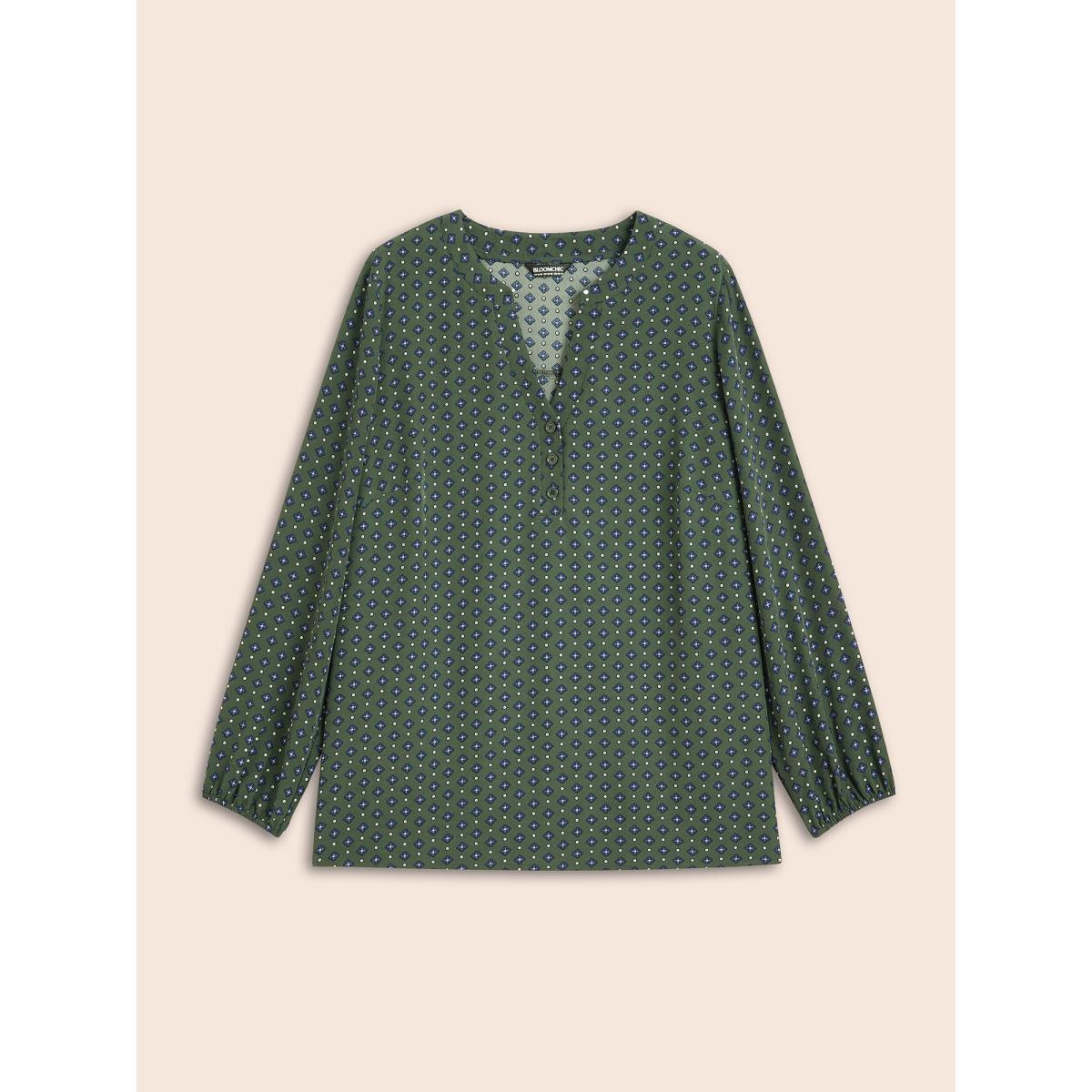 Plus Size ArmyGreen Notched Geometric Button Up Blouse Women At the Office Extra Long Sleeve Notched collar Work Blouses BloomChic 12/L Product Image