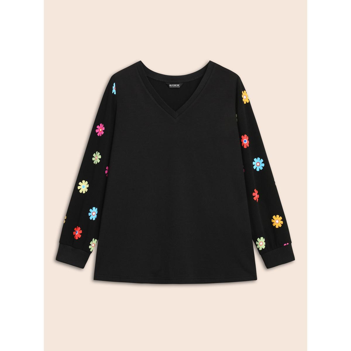 Plus Size V Neck Floral Slightly Stretchy Sweatshirt Women Black Elegant Contrast Non Everyday Sweatshirts BloomChic 28/5X Product Image