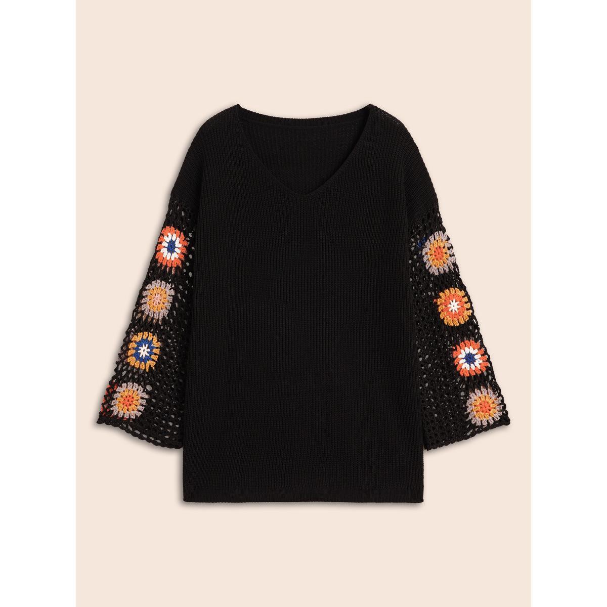 Plus Size Floral Embroidered Hollow Out Pullover Black Women Casual Long Sleeve V-neck Everyday Pullovers BloomChic 10/M Product Image