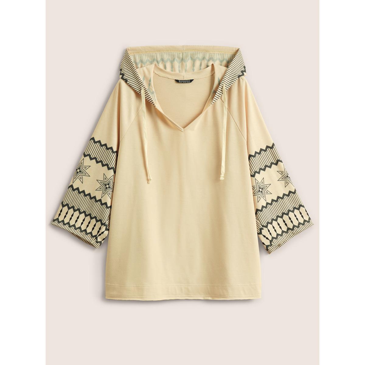 Plus Size Geometric Hooded Raglan Sleeve Sweatshirt Women Champagne Resort Non Hooded Vacation Sweatshirts BloomChic 18-20/2X Product Image