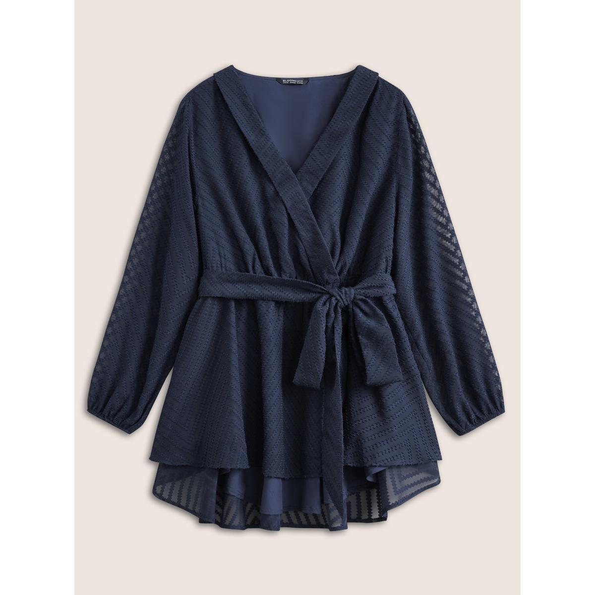 Plus Size Indigo Plain Textured High Low Hem Ties Blouse Women Office Long Sleeve Overlap Collar Work Blouses BloomChic 12/L Product Image