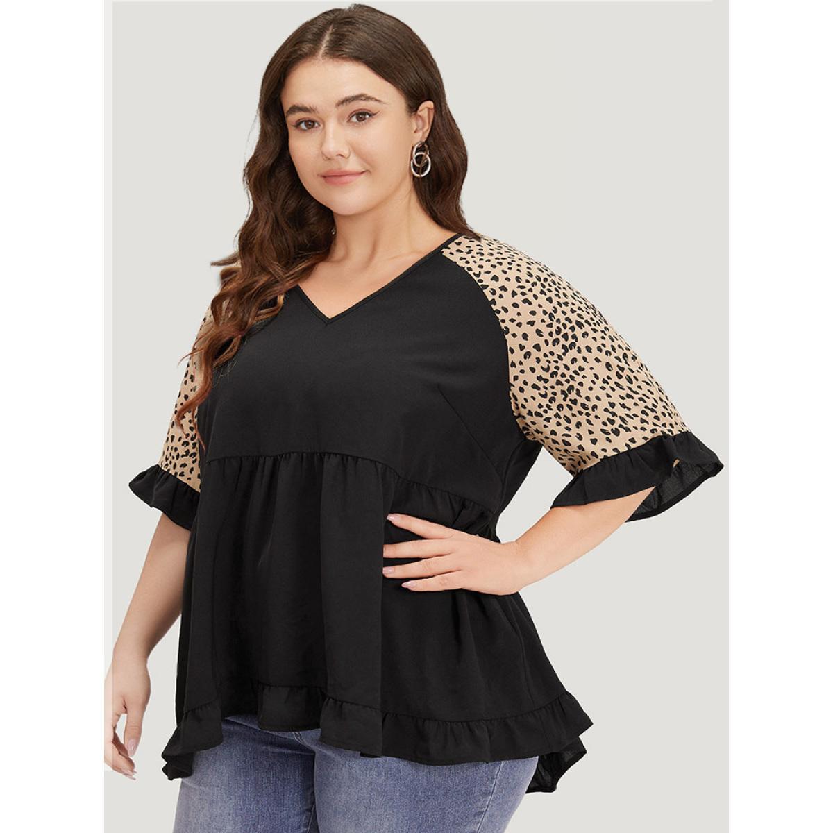 Plus Size Multicolor Leopard Print Raglan Sleeve Gathered Ruffle Trim Blouse Women Elegant Half Sleeve V-neck Dailywear Blouses BloomChic 10/M Product Image