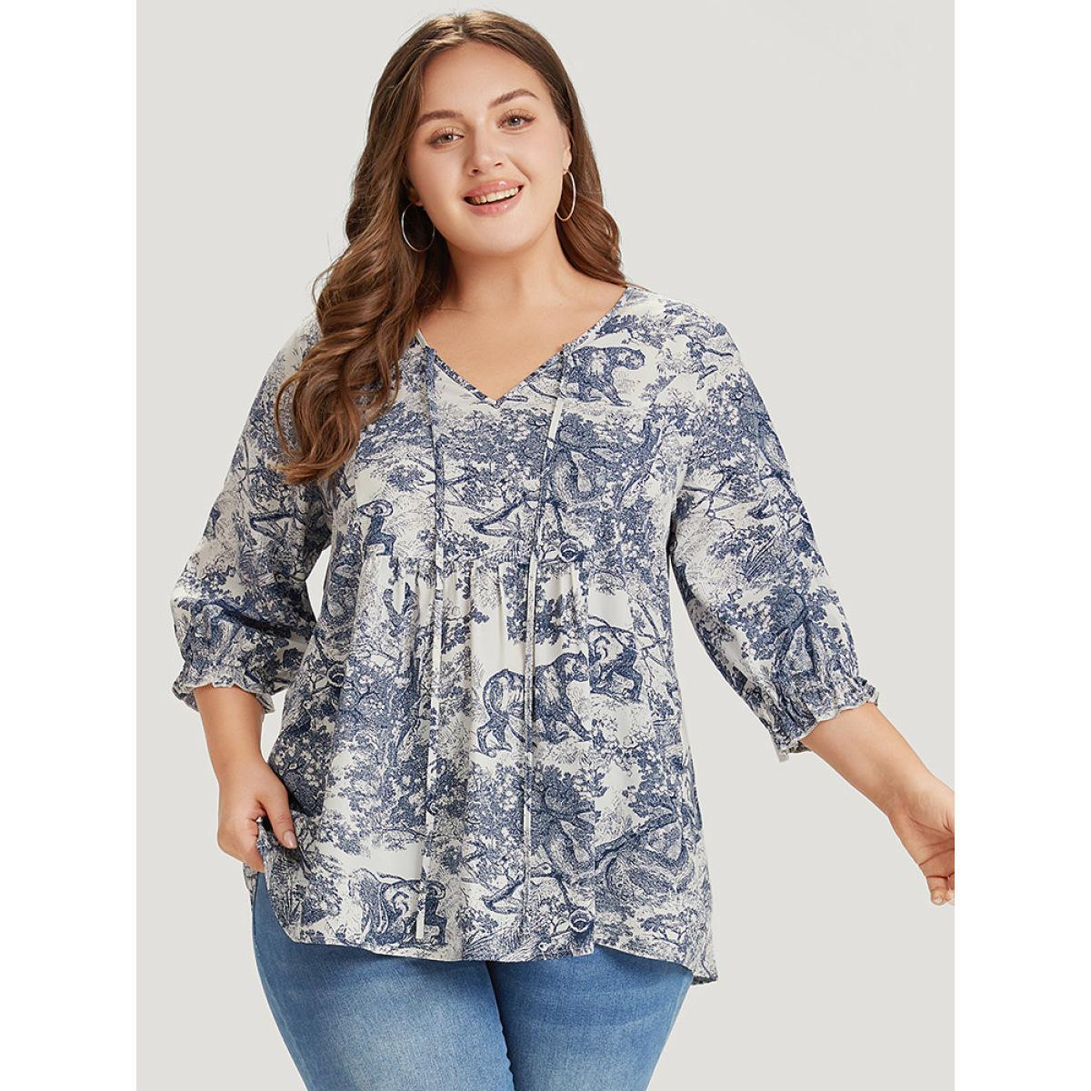 Plus Size Multicolor Print Knot Neck Lantern Sleeve Ruffle Hem Blouse Women Vacation Half Sleeve V-neck Dailywear Blouses BloomChic 28/5X Product Image