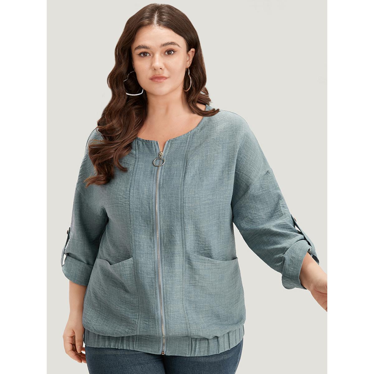 Plus Size Plain Pocket Zipper Tab Sleeve Jacket Women Aegean Zipper Pocket Dailywear Jackets BloomChic 28/5X Product Image