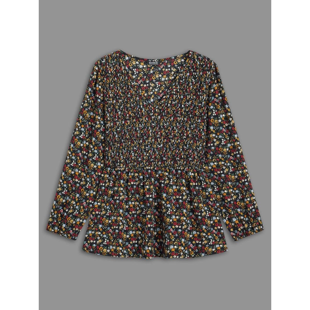 Plus Size Black Ditsy Floral V Neck Shirred Blouse Women Elegant Extra Long Sleeve V-neck Everyday Blouses BloomChic 30/6X Product Image