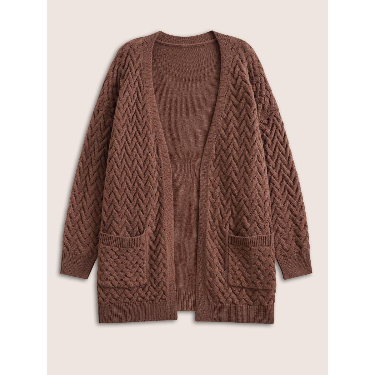 Plus Size Solid Open Front Pocket Crochet Cardigan Burgundy Women Casual Loose Long Sleeve Dailywear Cardigans BloomChic 30/6X Product Image
