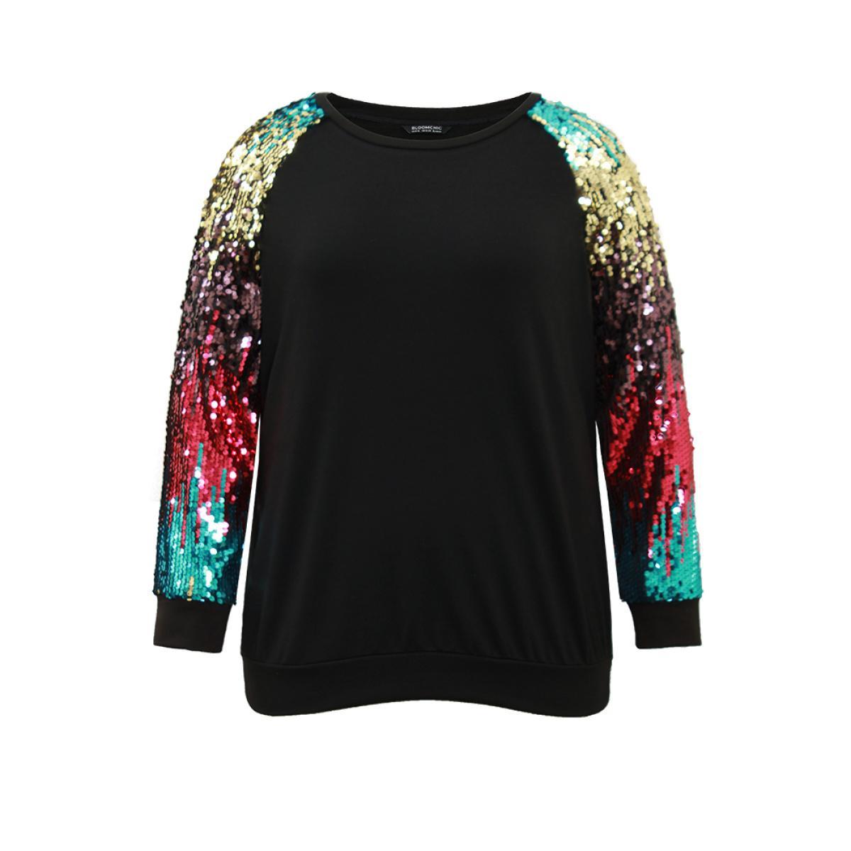 Plus Size Rainbow Sequin Patchwork Raglan Sleeve Sweatshirt Women Black Cocktail Sequin Round Neck Party Sweatshirts BloomChic 10/M Product Image
