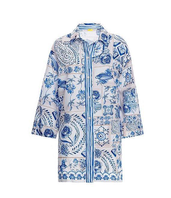 Agua Bendita Chrissy Azure Printed Point Collar 3/4 Sleeve Button Down Shirt Product Image