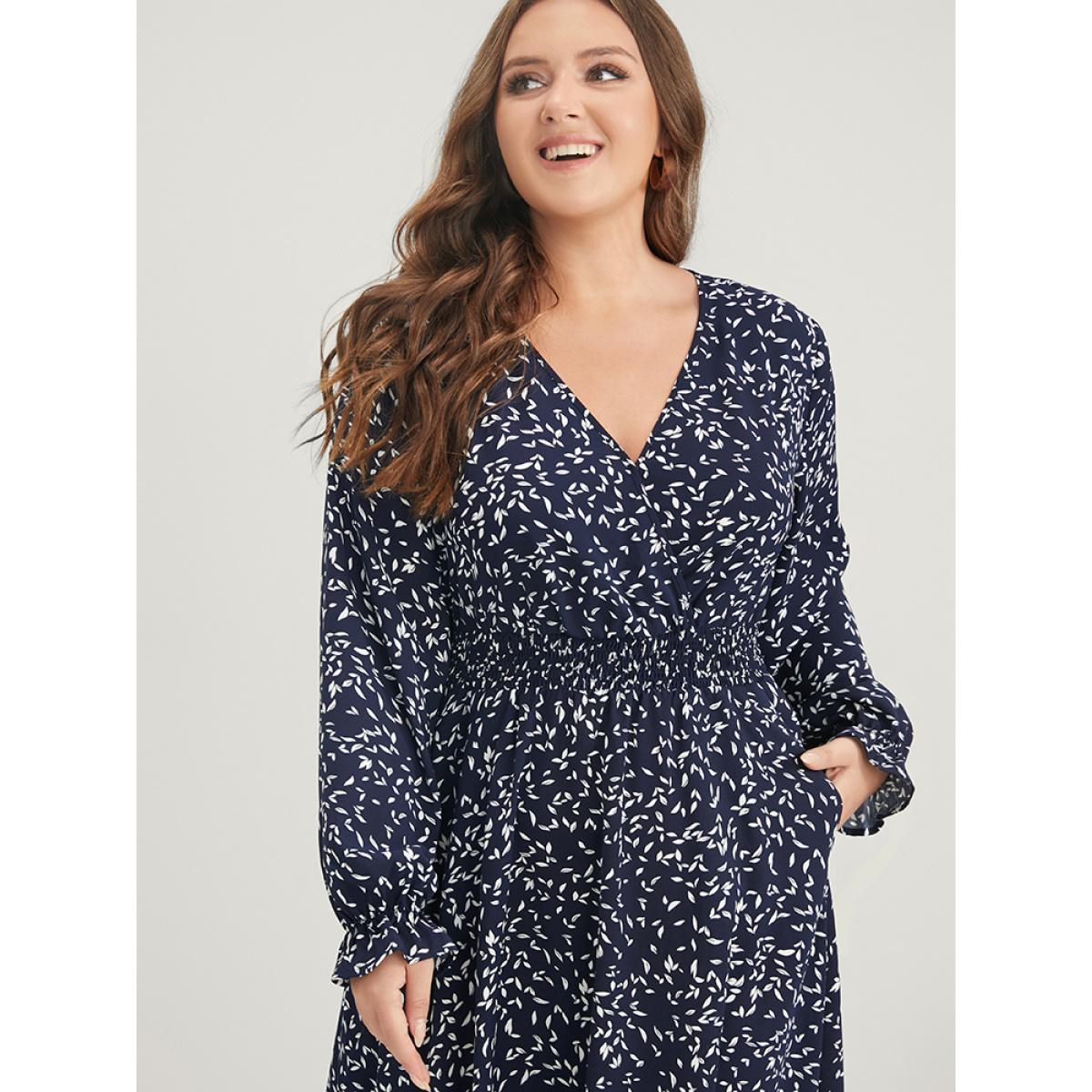 Plus Size Plant Print Pocket Lantern Sleeve Wrap Shirred Dress Indigo Women Elegant Shirred V-neck Long Sleeve Curvy Midi Dress BloomChic 12/L Product Image