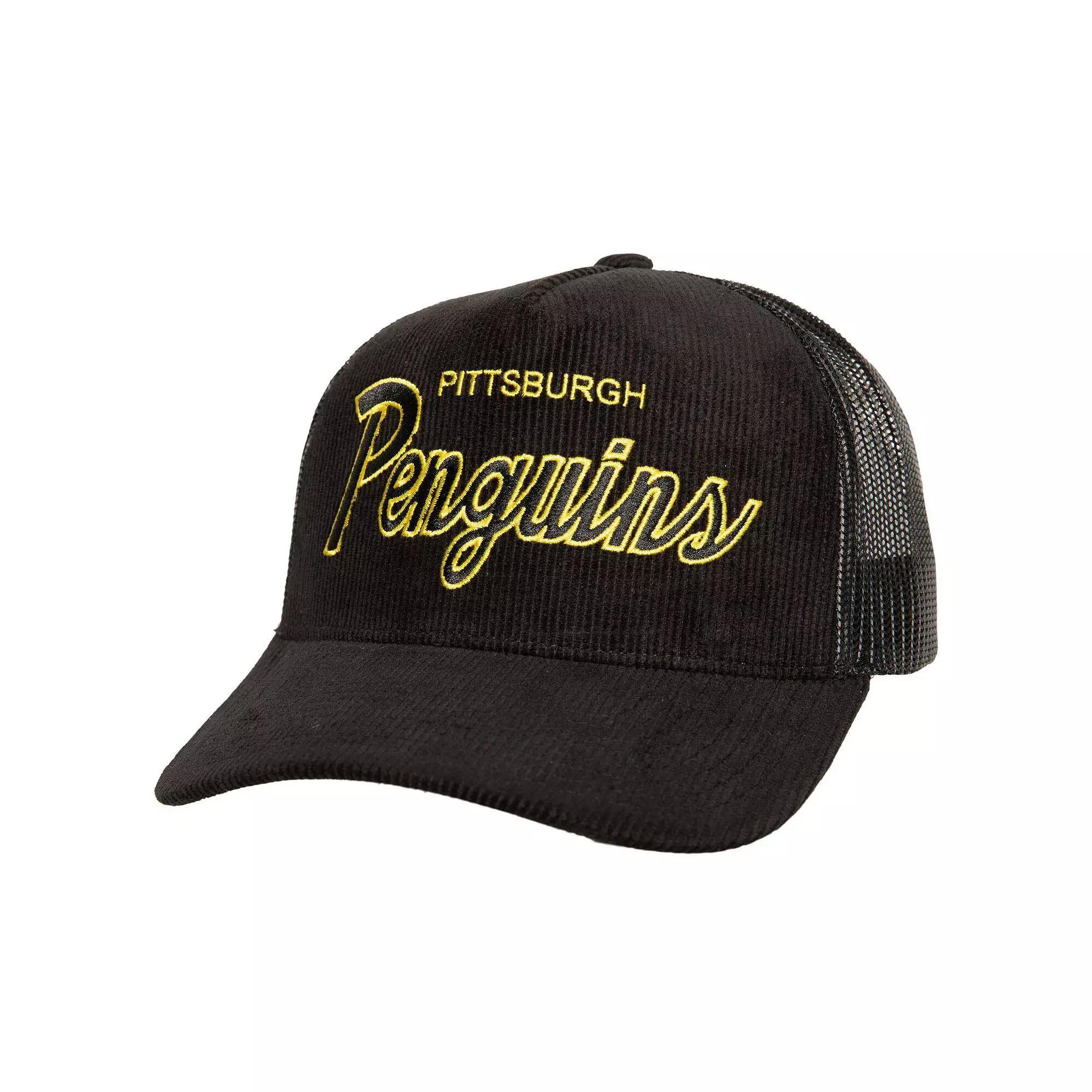 Men's Mitchell & Ness  Black Pittsburgh Penguins Times Up Classic Script Cord Trucker Adjustable Hat Product Image