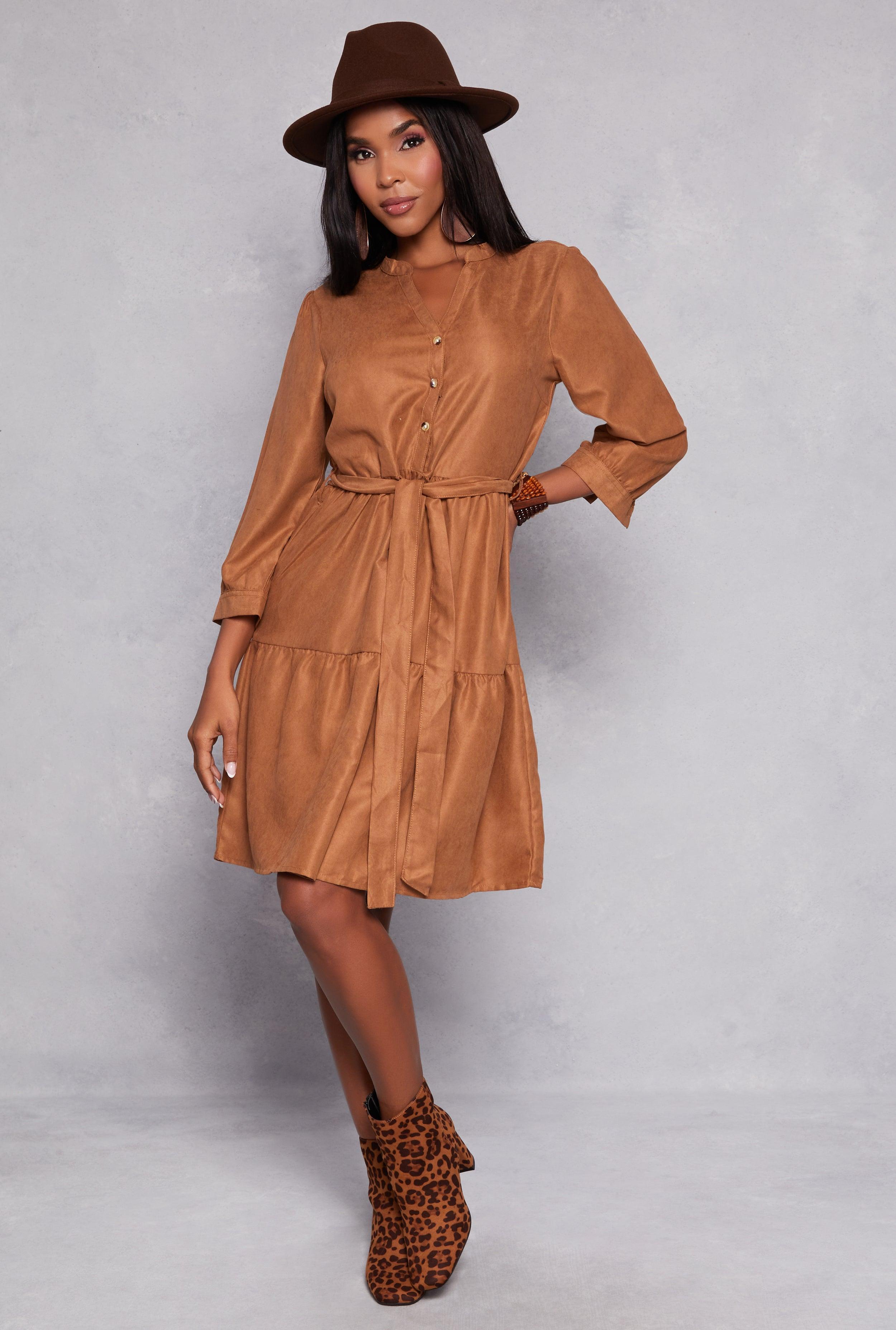 Womens Tie Waist Belted Half Button Tiered Dress Product Image