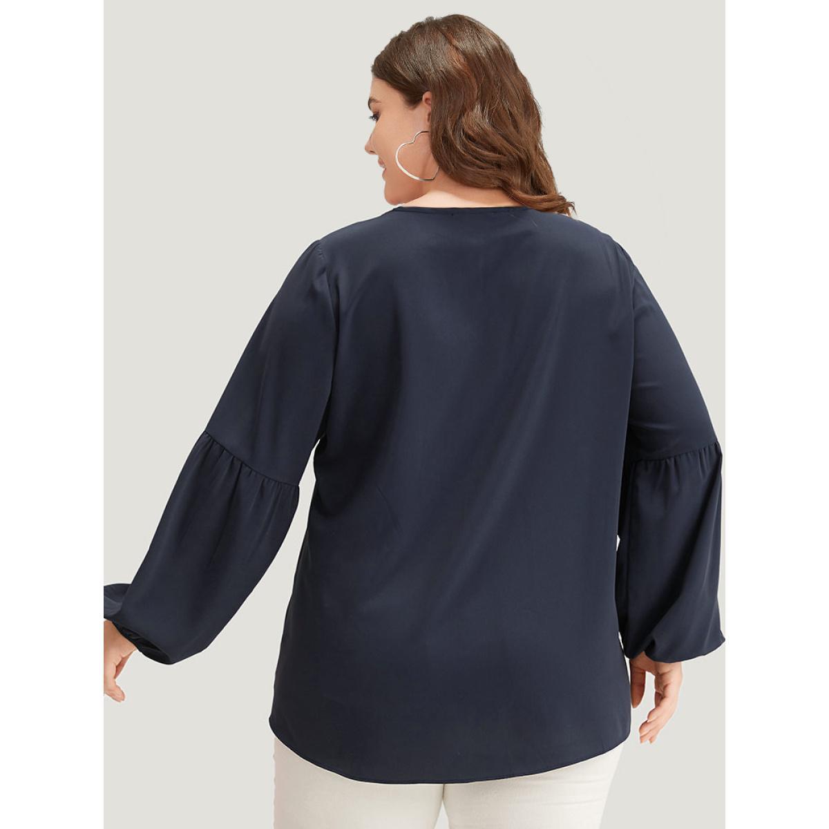 Plus Size Indigo Solid Elastic Cuffs Lace Up Blouse Women Office Long Sleeve V-neck Work Blouses BloomChic 22-24/3X Product Image