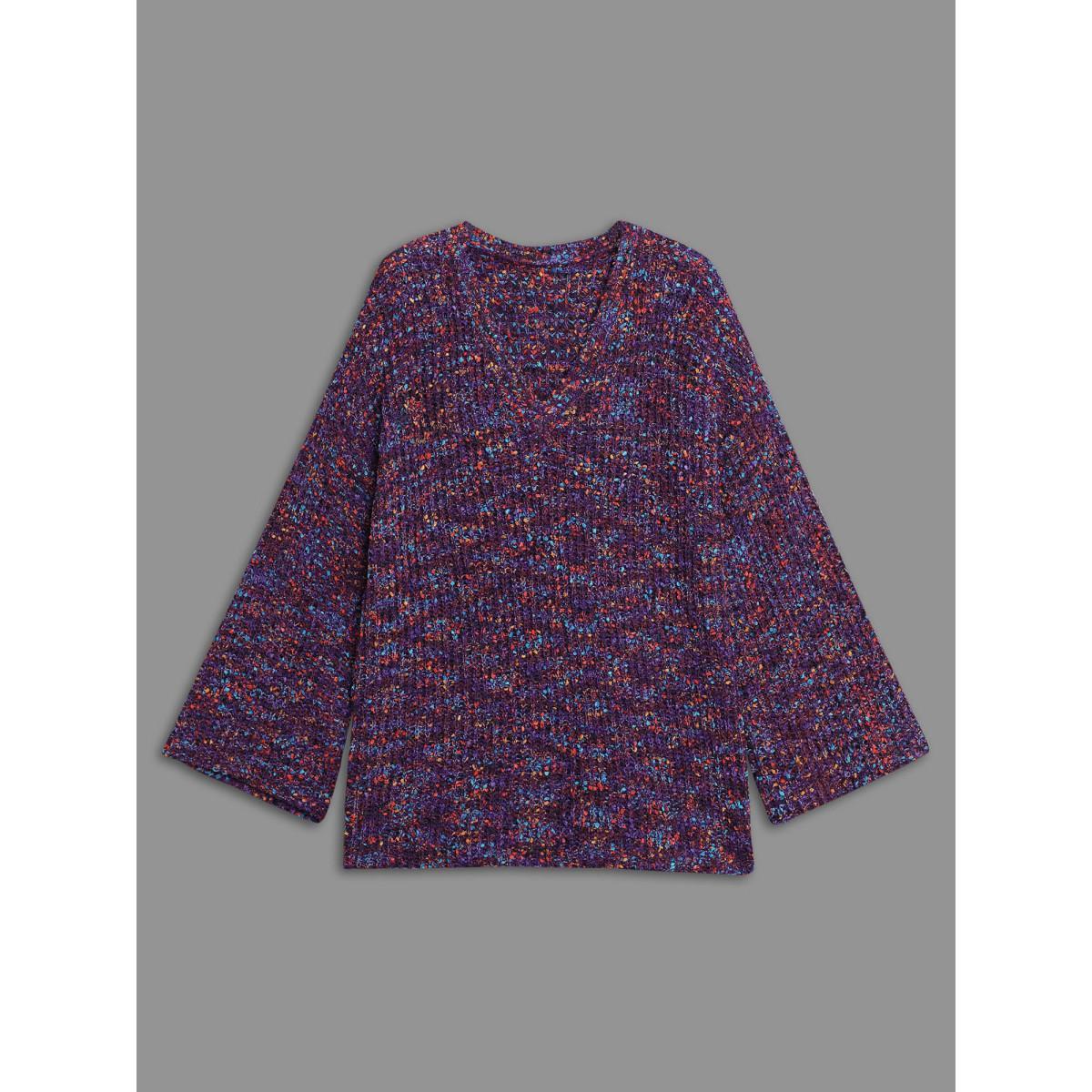Plus Size Round Neck Heather Bell Sleeve Pullover Deeppurple Women Elegant Loose Long Sleeve V-neck Everyday Pullovers BloomChic 22-24/3X Product Image