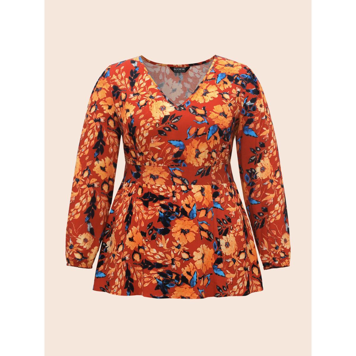 Plus Size Multicolor Floral Shirred Gathered Lantern Sleeve Blouse Women Elegant Long Sleeve V-neck Everyday Blouses BloomChic 30/6X Product Image