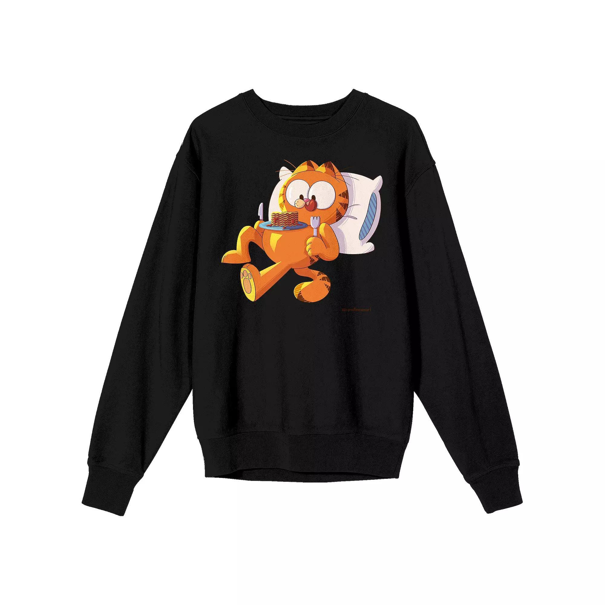 Men's Garfield Eating Pancakes Long Sleeve Graphic Tee, Size: Large, Black Product Image