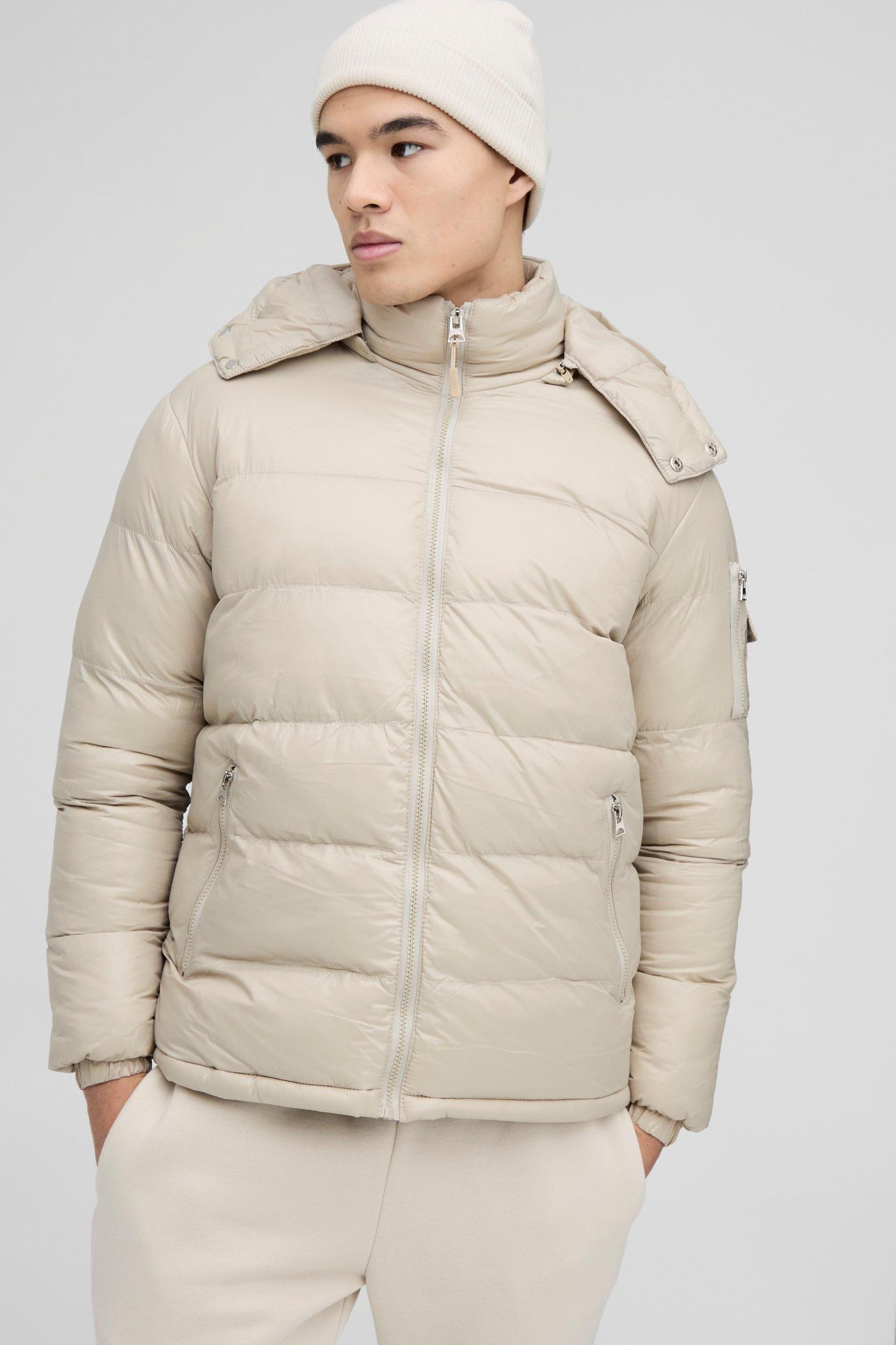 Mens Beige High Shine Padded Puffer Jacket in Stone, Beige Product Image