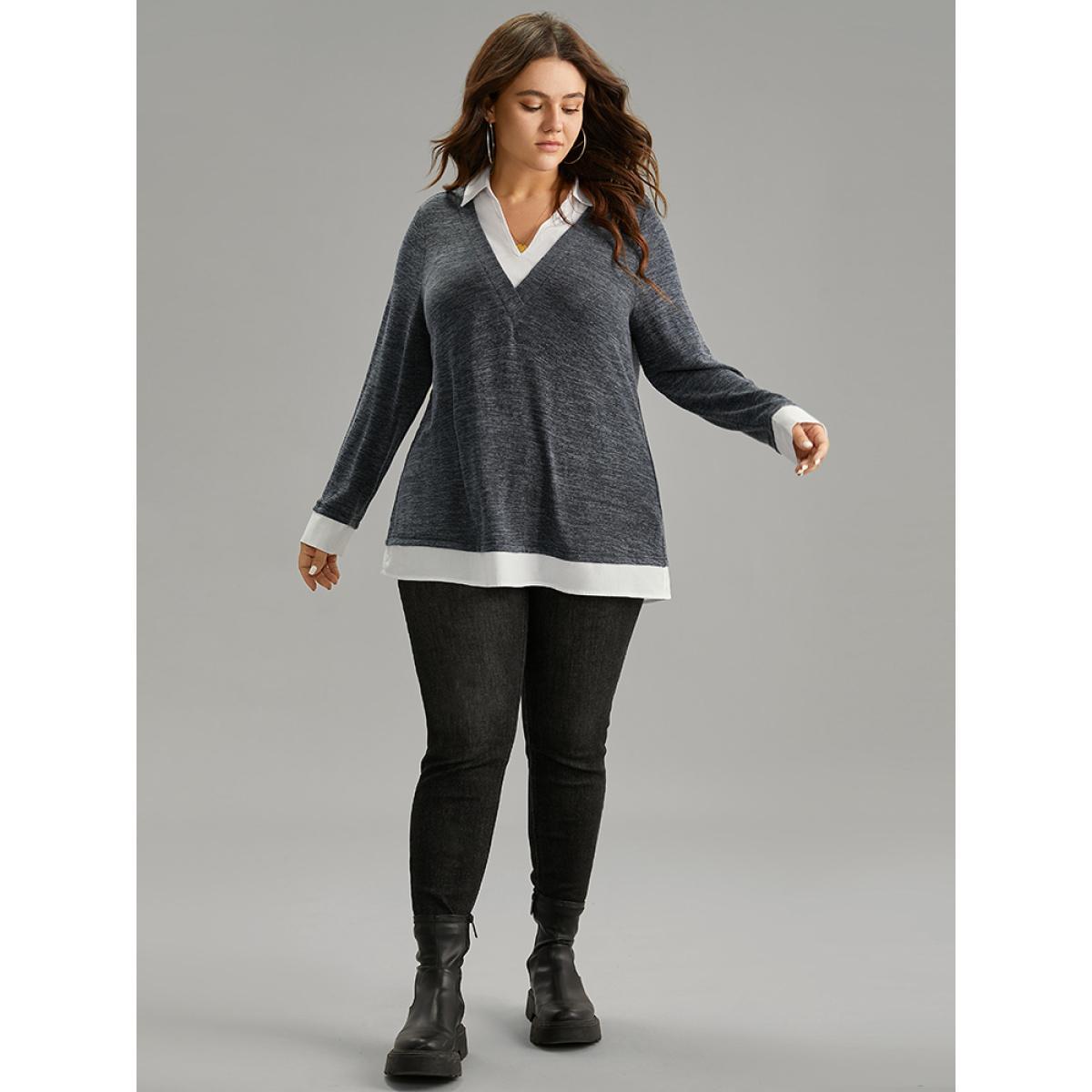 Plus Size 2-In-1 Contrast Patchwork Lapel Collar T-shirt Navy Women Casual Contrast Plain Lapel Collar Dailywear T-shirts BloomChic 30/6X Product Image