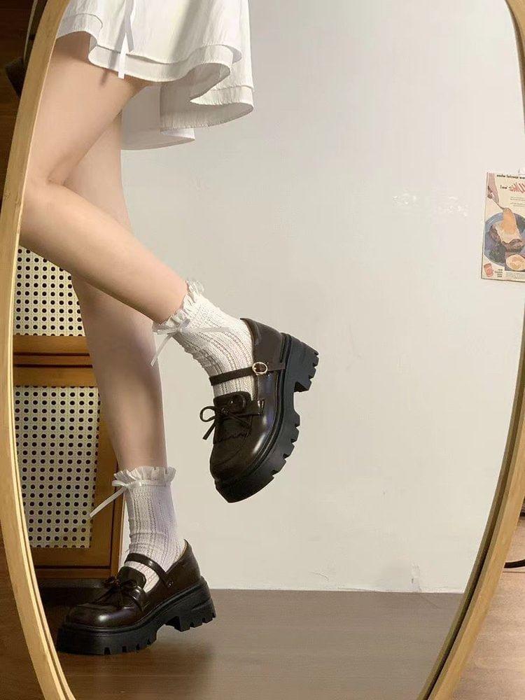 Platform Plain Bow Accent Faux Leather Mary Jane Loafers Product Image